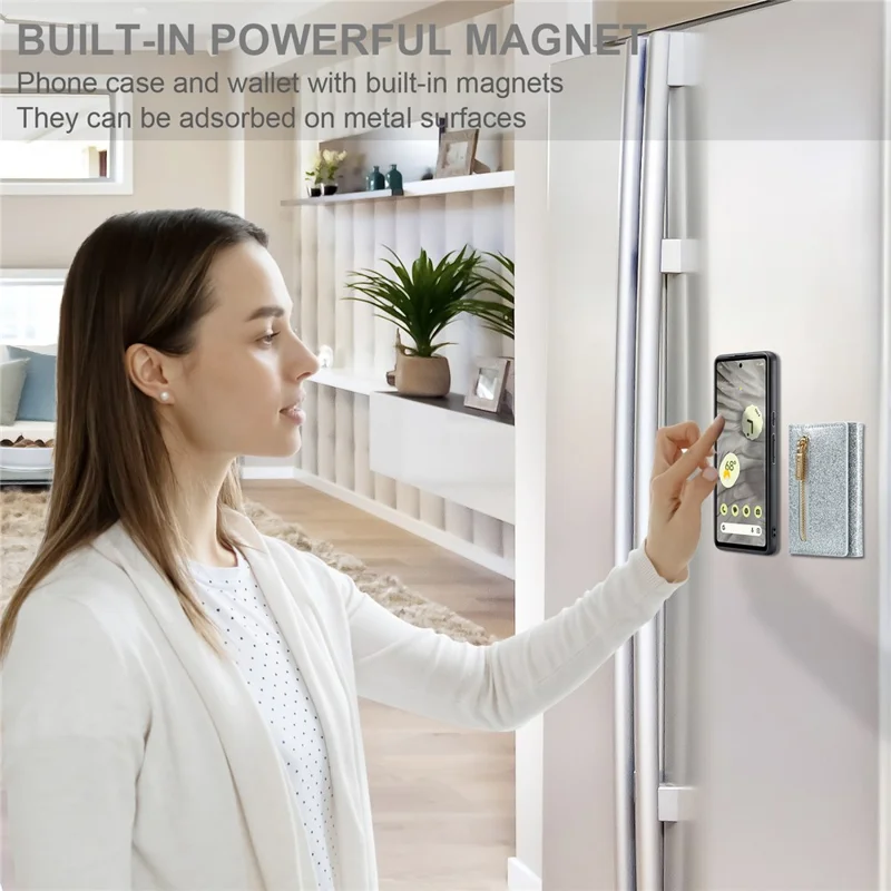 DG.MING M3 Series For Google Pixel 7a Glittery PU Leather Coated PC+TPU Back Case with Magnetic Detachable Wallet - Silver