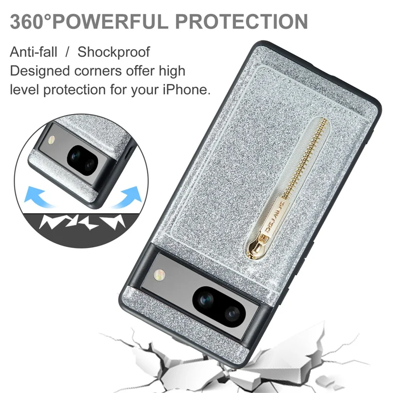 DG.MING M3 Series For Google Pixel 7a Glittery PU Leather Coated PC+TPU Back Case with Magnetic Detachable Wallet - Silver