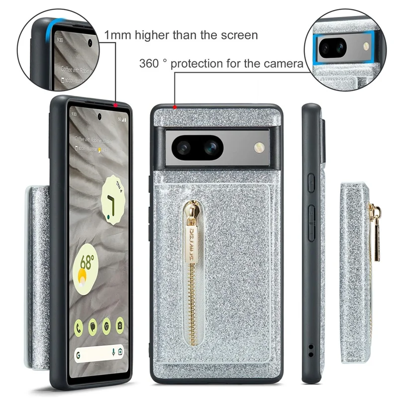 DG.MING M3 Series For Google Pixel 7a Glittery PU Leather Coated PC+TPU Back Case with Magnetic Detachable Wallet - Silver