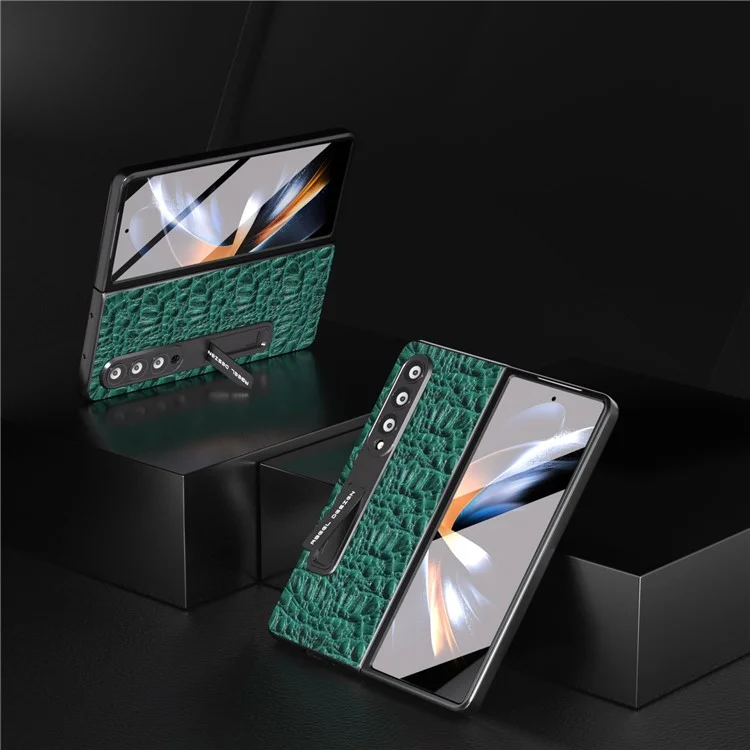 ABEEL For Samsung Galaxy Z Fold4 5G Kickstand Cover Genuine Cow Leather+PC Texture Phone Case with Tempered Glass Film - Green
