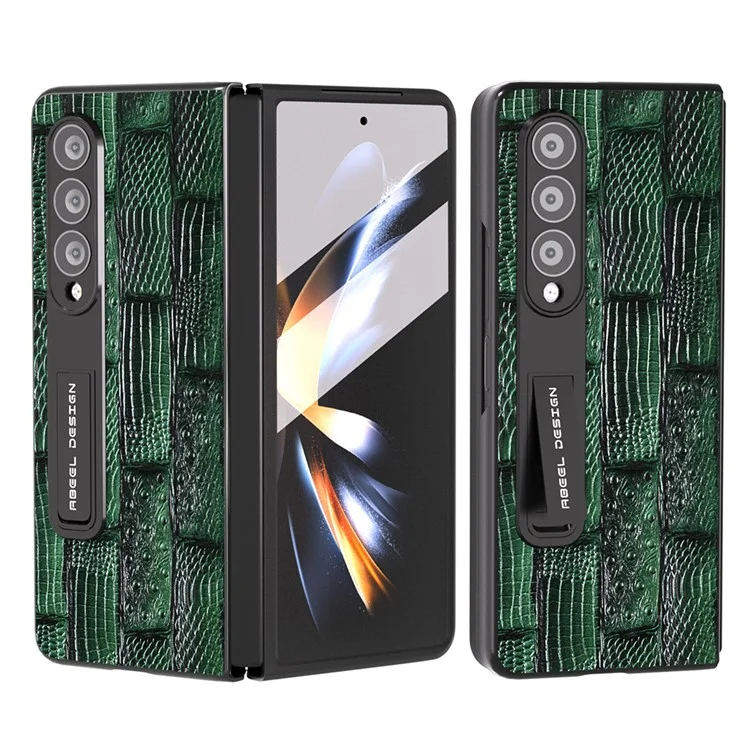 ABEEL для Samsung Galaxy Z Fold3 Genuine Cow Leather+PC Phone Case Mahjong Texture Kickstand Folding Cover Case with Screen Film - Green