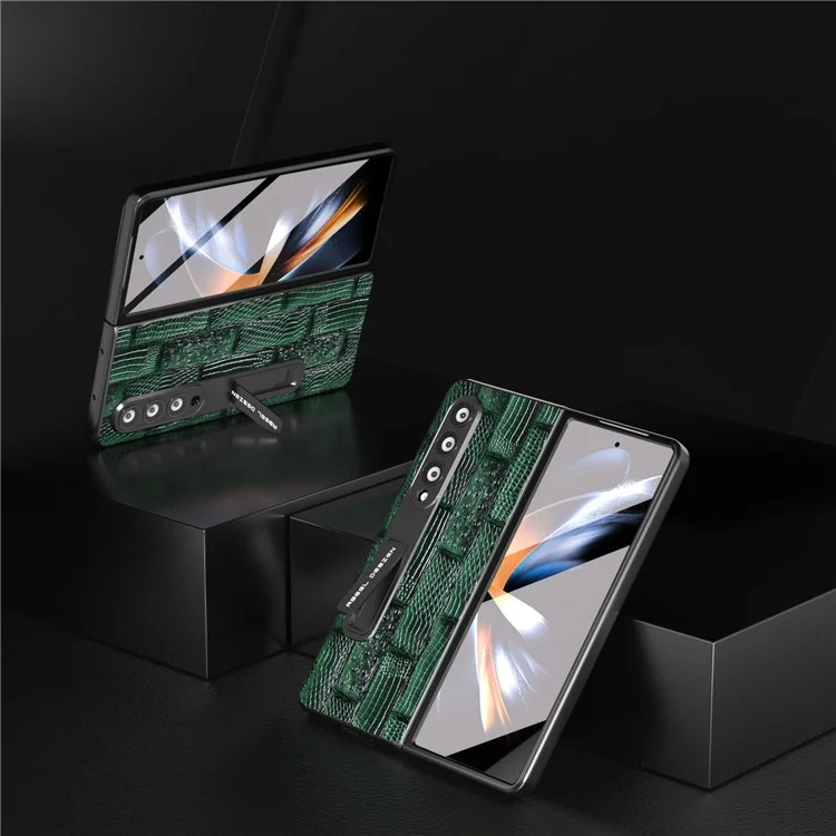 ABEEL для Samsung Galaxy Z Fold3 Genuine Cow Leather+PC Phone Case Mahjong Texture Kickstand Folding Cover Case with Screen Film - Green