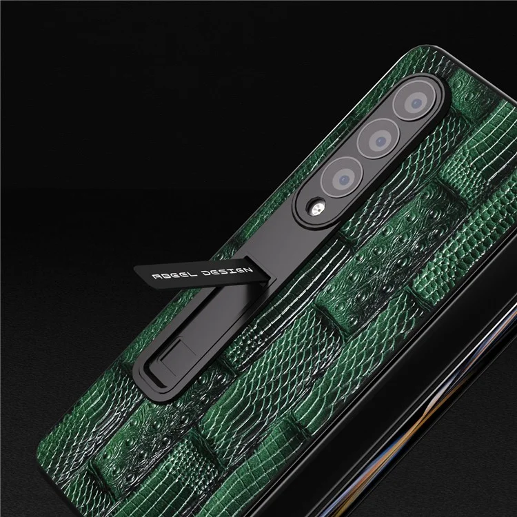 ABEEL для Samsung Galaxy Z Fold3 Genuine Cow Leather+PC Phone Case Mahjong Texture Kickstand Folding Cover Case with Screen Film - Green