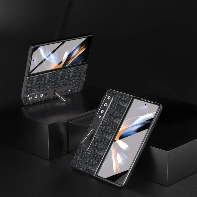 ABEEL Para Samsung Galaxy Z Fold3 5G Funda para teléfono Cuero de vaca genuino + Cubierta de PC con soporte y protector de pantalla - Negro