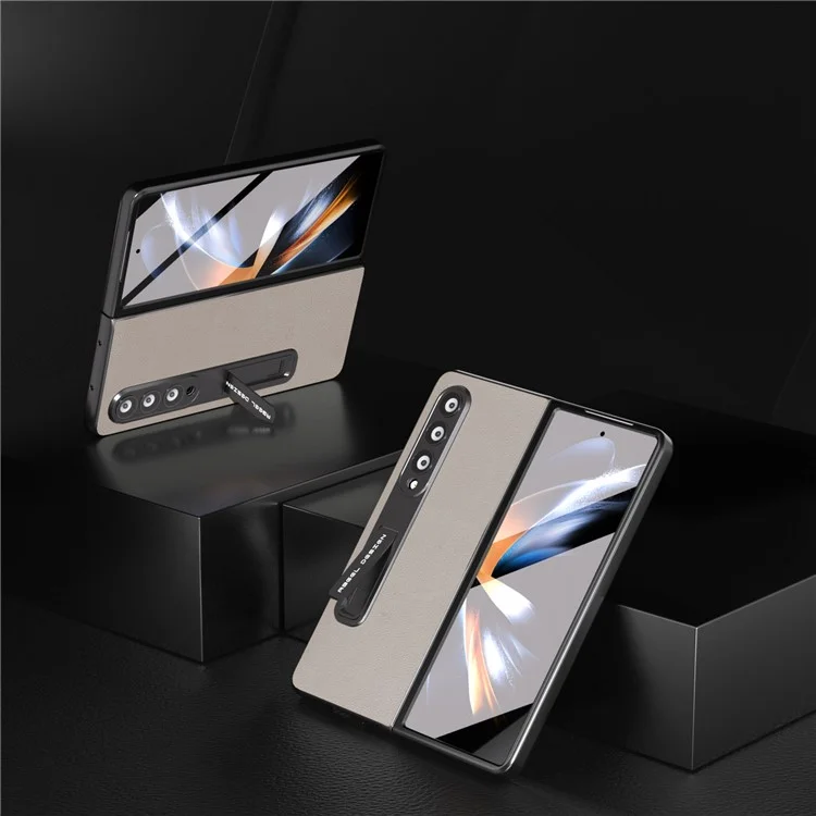 ABEEL для Samsung Galaxy Z Fold3 5G Genuine Cow Leather+PC Anti-Drop Case Kickstand Folding Phone Cover with Screen Film - Grey