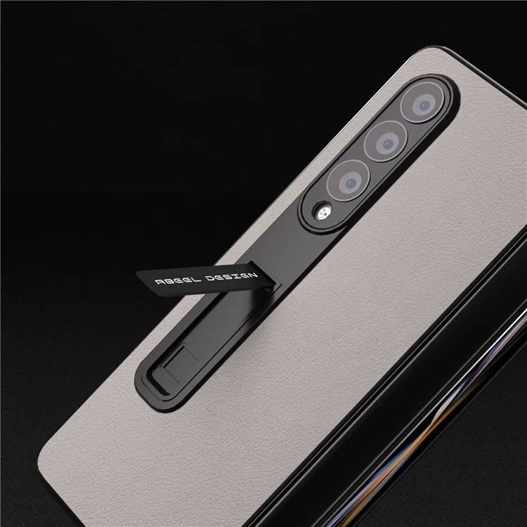 ABEEL для Samsung Galaxy Z Fold3 5G Genuine Cow Leather+PC Anti-Drop Case Kickstand Folding Phone Cover with Screen Film - Grey