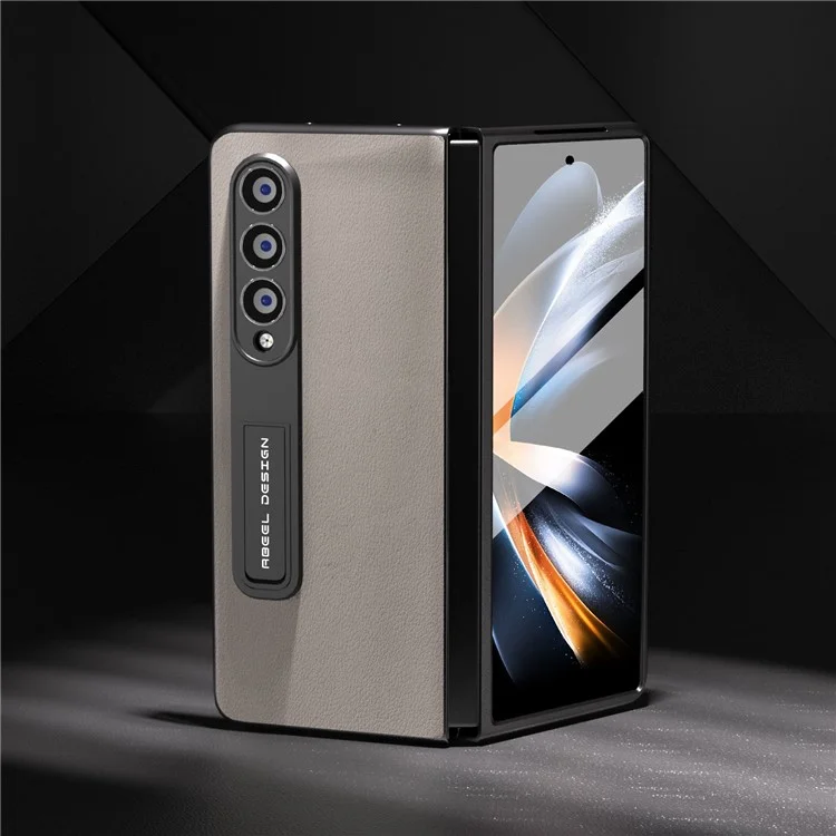 ABEEL для Samsung Galaxy Z Fold3 5G Genuine Cow Leather+PC Anti-Drop Case Kickstand Folding Phone Cover with Screen Film - Grey