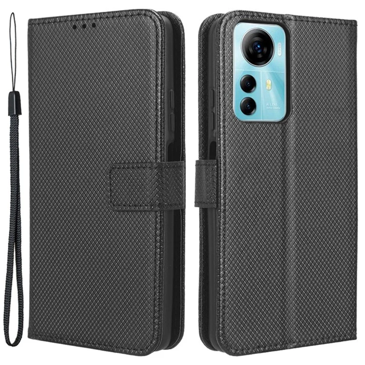For ZTE Blade V41 Smart / A72s / Optus X Max Anti-Dust Phone Shell PU Leather Phone Case Stand Wallet Diamond Texture Cover - Black