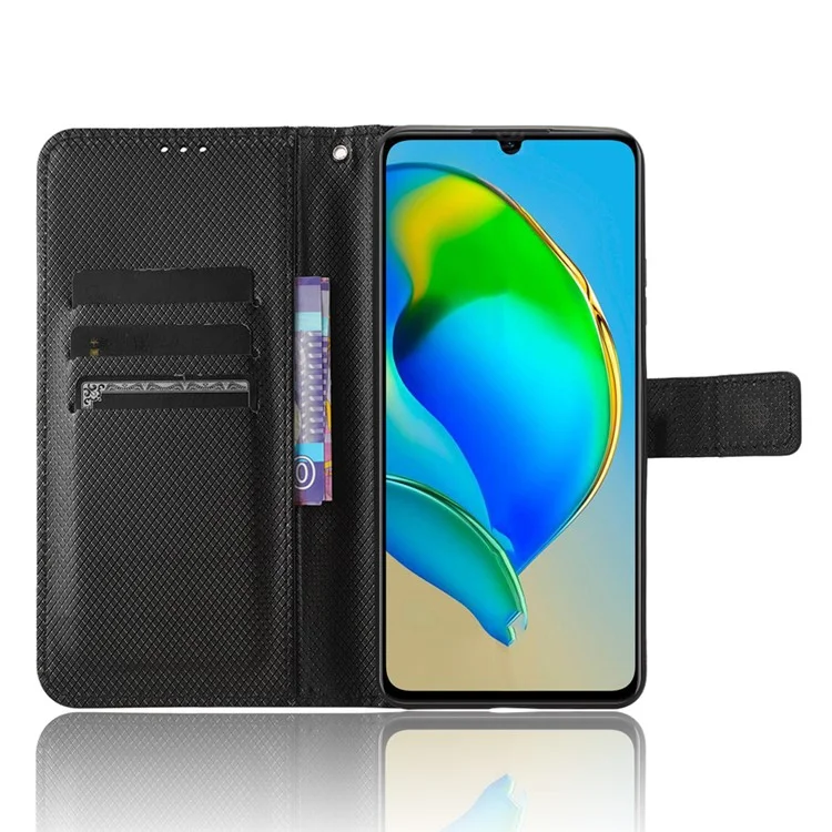 For ZTE Blade V41 Smart / A72s / Optus X Max Anti-Dust Phone Shell PU Leather Phone Case Stand Wallet Diamond Texture Cover - Black