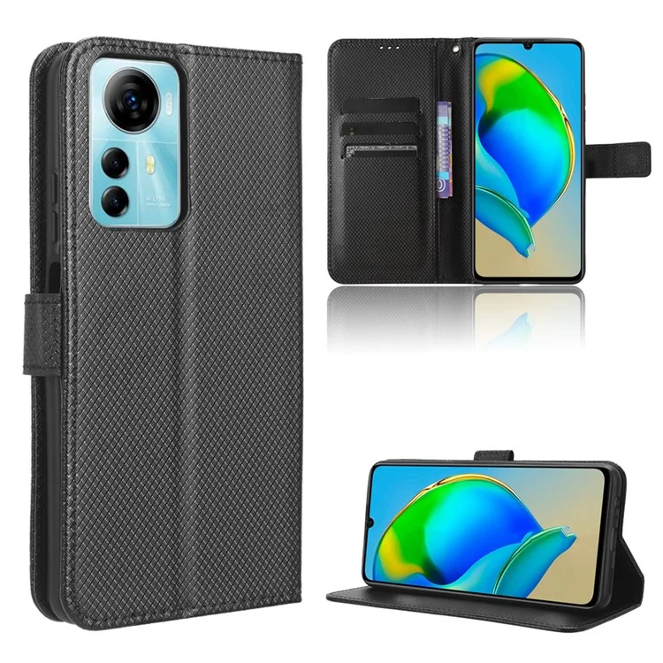For ZTE Blade V41 Smart / A72s / Optus X Max Anti-Dust Phone Shell PU Leather Phone Case Stand Wallet Diamond Texture Cover - Black