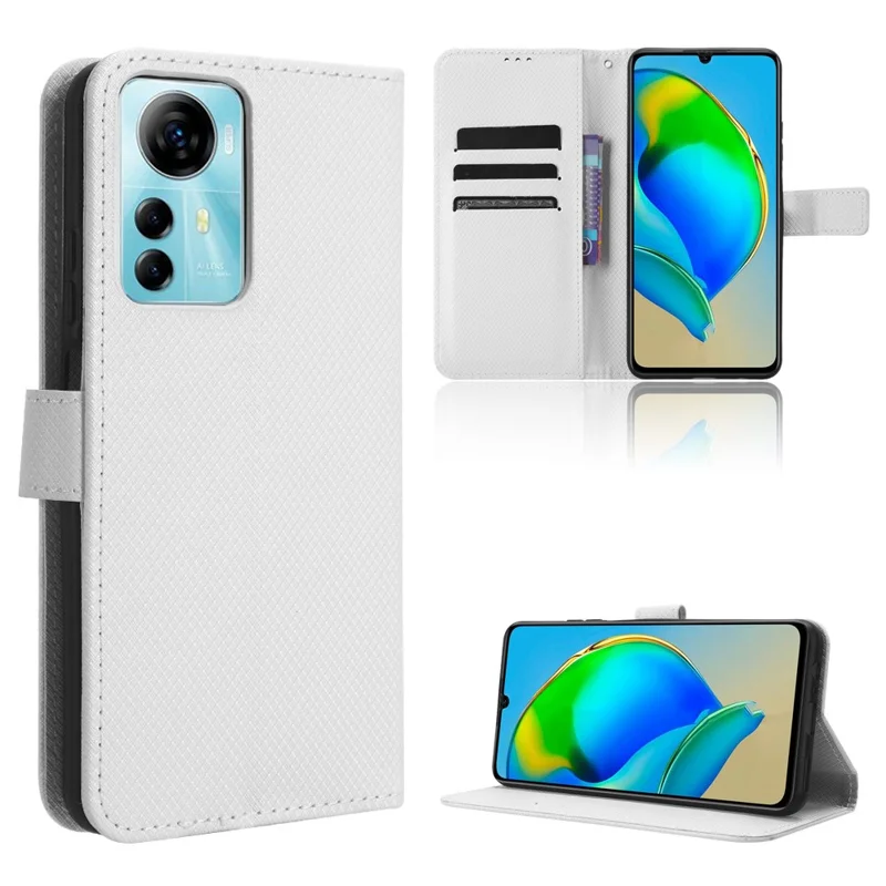 For ZTE Blade V41 Smart / A72s / Optus X Max Anti-Dust Phone Shell PU Leather Phone Case Stand Wallet Diamond Texture Cover - White
