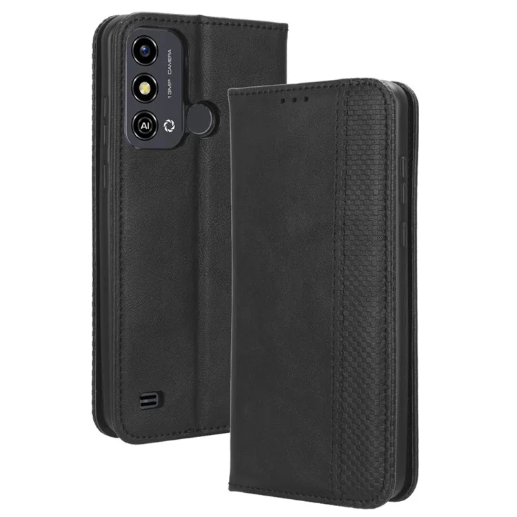 Pour ZTE Blade A53 / A53+ Retro Stand Wallet Phone Cover Scratch Resistant PU Leather Case - Black