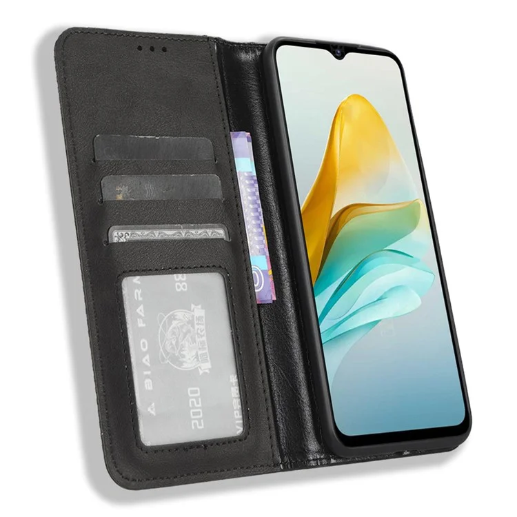 Für ZTE Blade A53 Retro Stand Wallet Telefonabdeckung Kratzfeste PU Ledertasche - Schwarz