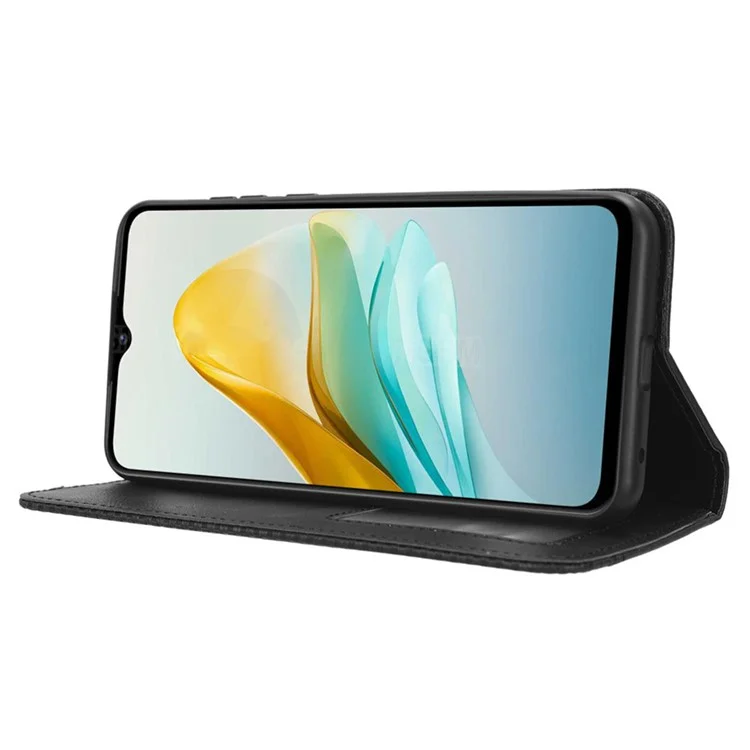 Pour ZTE Blade A53 / A53+ Retro Stand Wallet Phone Cover Scratch Resistant PU Leather Case - Black