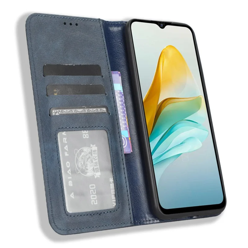 For ZTE Blade A53 / A53+ Retro Stand Wallet Phone Cover Scratch Resistant PU Leather Case - Blue