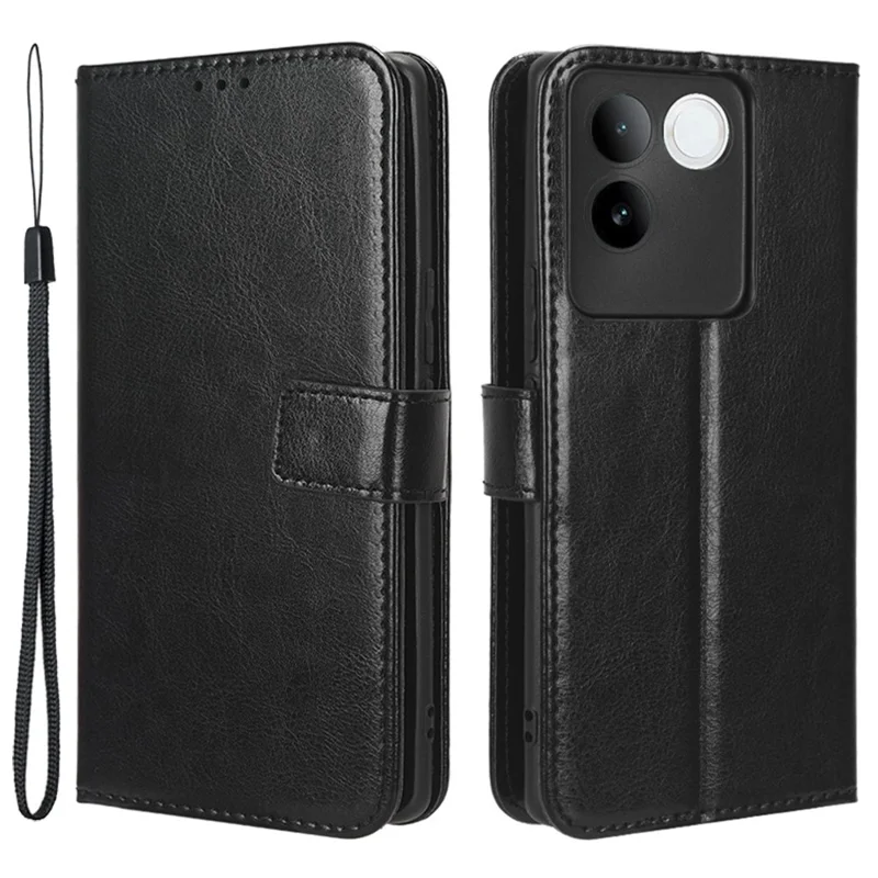 Para vivo S17e 5G Funda de teléfono con textura de cuero de caballo loco antihuella digital, soporte para teléfono y cartera de cuero de PU - Negro
