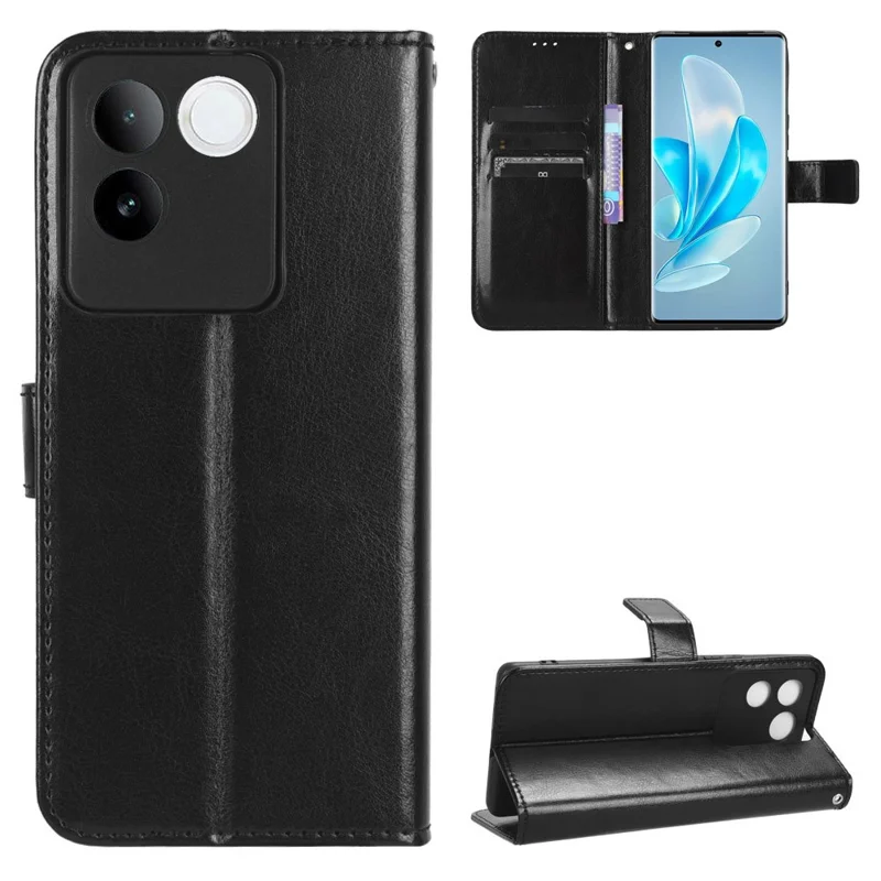 Para vivo S17e 5G Funda de teléfono con textura de cuero de caballo loco antihuella digital, soporte para teléfono y cartera de cuero de PU - Negro