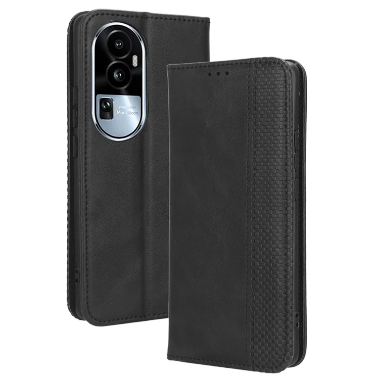 Cartera de pie para Oppo Reno10 Pro+ 5G Funda de teléfono móvil resistente a las caídas de estilo retro de cuero PU con cierre magnético - Negro