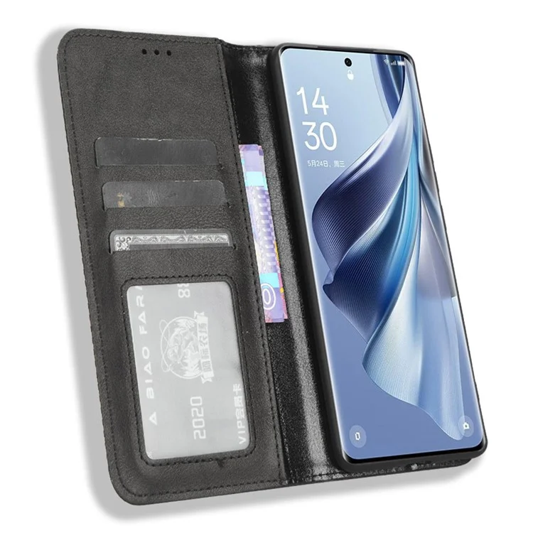 Cartera de pie para Oppo Reno10 Pro+ 5G Funda de teléfono móvil resistente a las caídas de estilo retro de cuero PU con cierre magnético - Negro