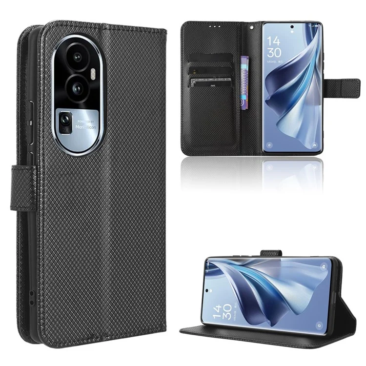 Für Oppo Reno10 Pro+ 5G Handy-Hülle Ständer Geldbörse Diamant-Textur PU-Leder Handyhülle - Schwarz