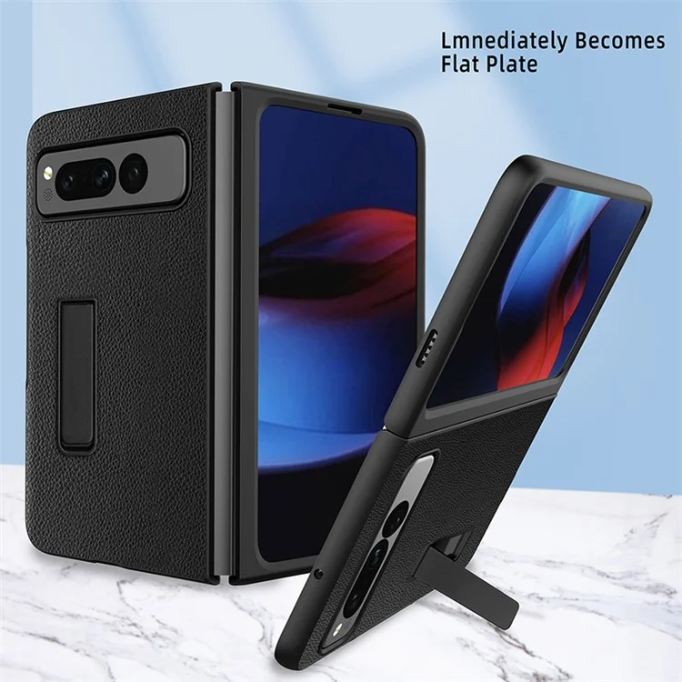 For Google Pixel Fold Hinge Protection PU Leather+PC Cover  Kickstand Phone Case - Litchi Texture / Black