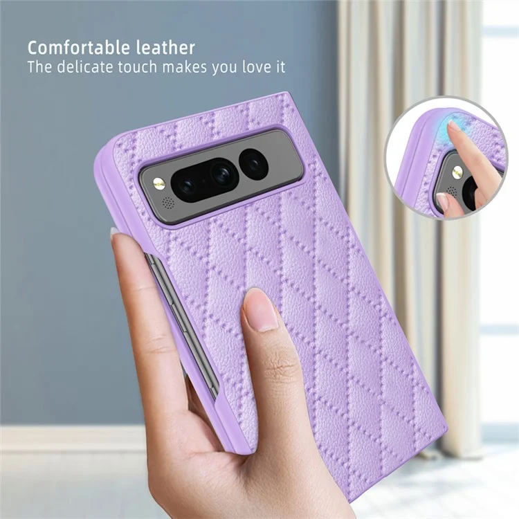 Para Google Pixel Fold Funda de teléfono de piel de PU + PC Textura de rombos Impresa Protección de bisagra - Morado