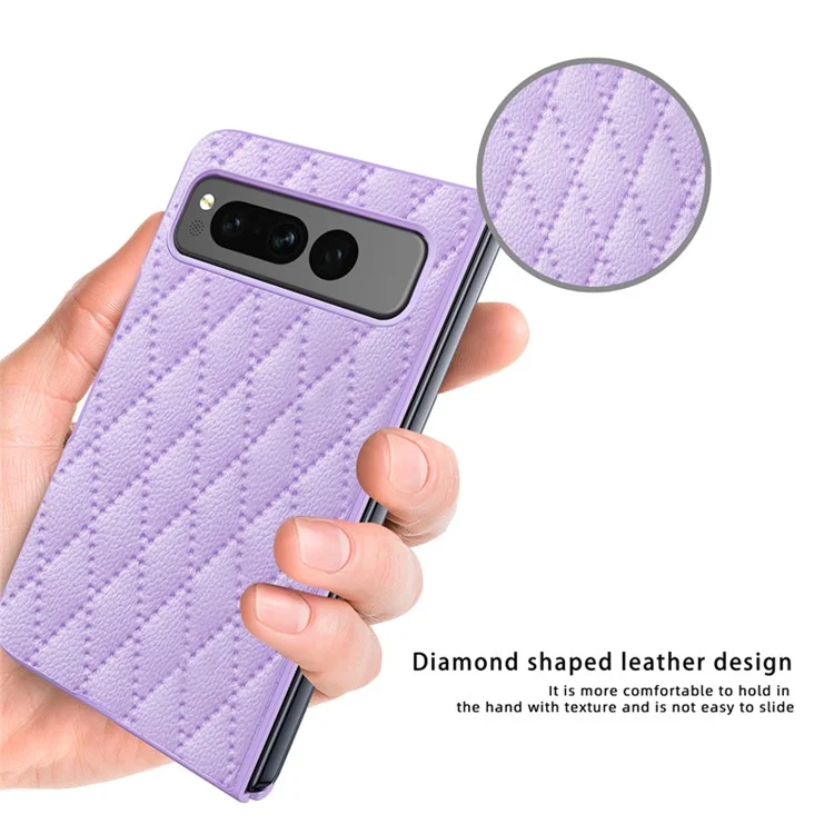 Para Google Pixel Fold Funda de teléfono de piel de PU + PC Textura de rombos Impresa Protección de bisagra - Morado