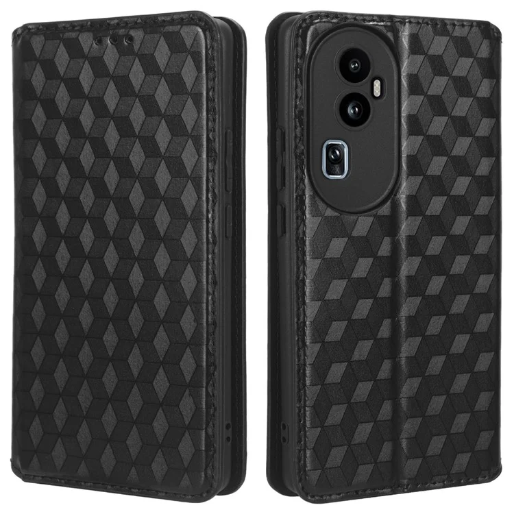 Für Oppo Reno10 Pro+ 5G PU-Leder-Faltständer-Hülle, stoßfest, Rautenmuster-geprägter Handyhülle - Schwarz