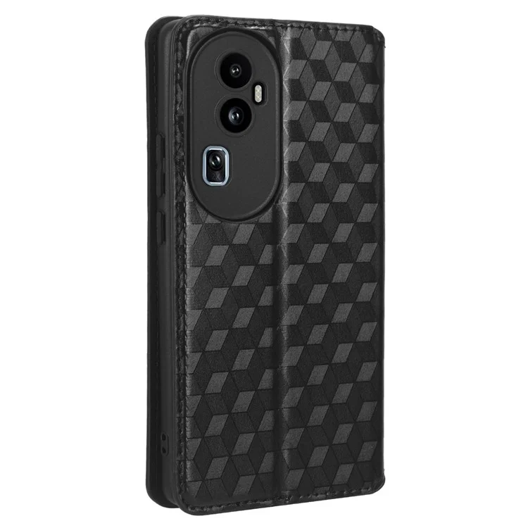 Für Oppo Reno10 Pro+ 5G PU-Leder-Faltständer-Hülle, stoßfest, Rautenmuster-geprägter Handyhülle - Schwarz
