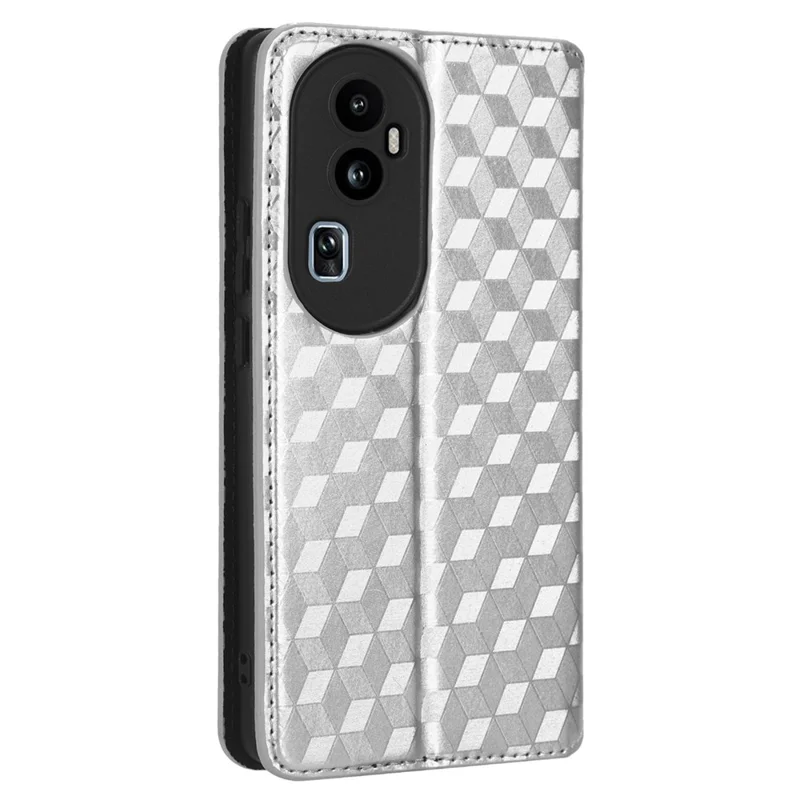 For Oppo Reno10 Pro+ 5G PU Leather Foldable Stand Case Shockproof Rhombus Imprinted Phone Cover - Silver