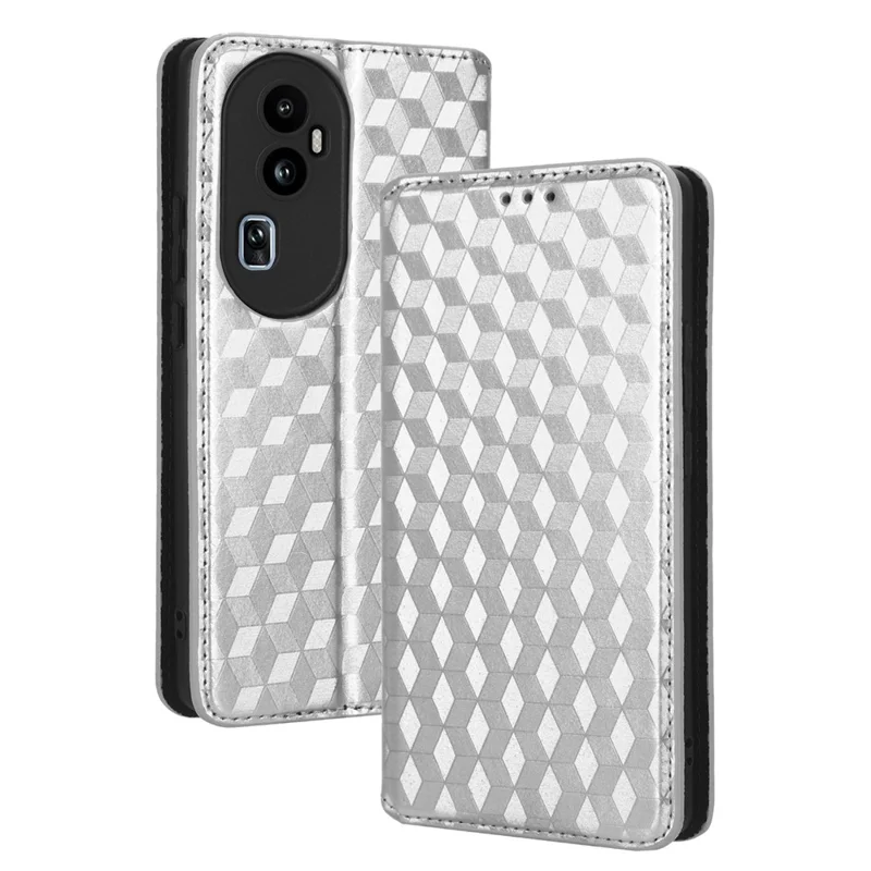 For Oppo Reno10 Pro+ 5G PU Leather Foldable Stand Case Shockproof Rhombus Imprinted Phone Cover - Silver