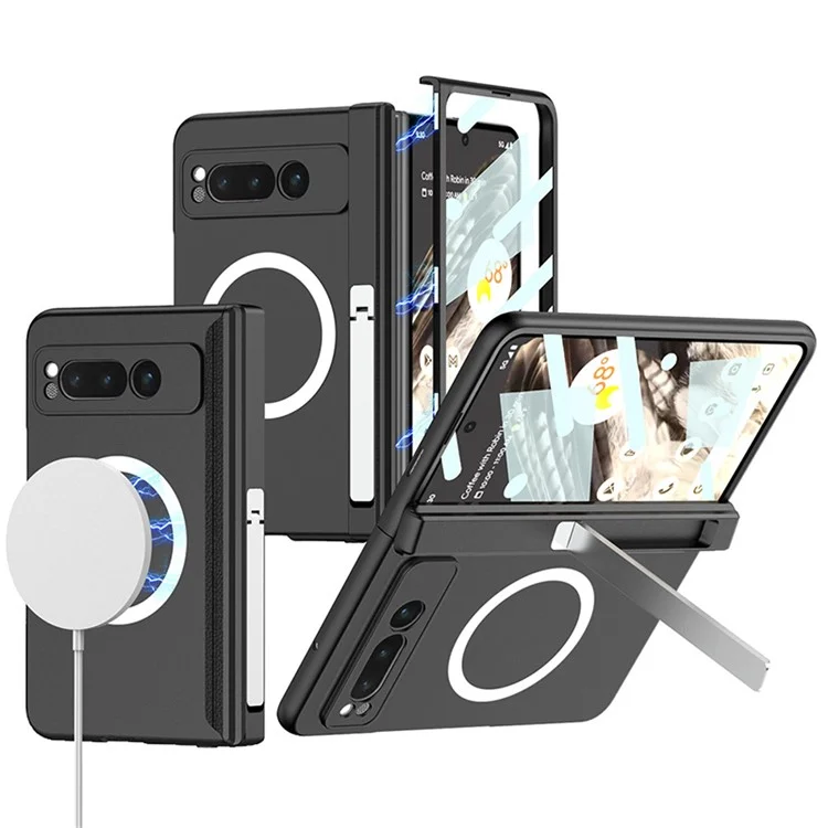 For Google Pixel Fold Magnetic Phone Case PC Kickstand Phone Cover with Tempered Glass Screen Film - Black
