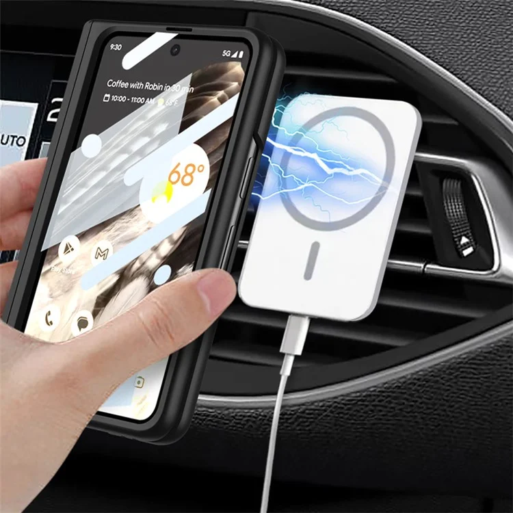 For Google Pixel Fold Magnetic Phone Case PC Kickstand Phone Cover with Tempered Glass Screen Film - Black