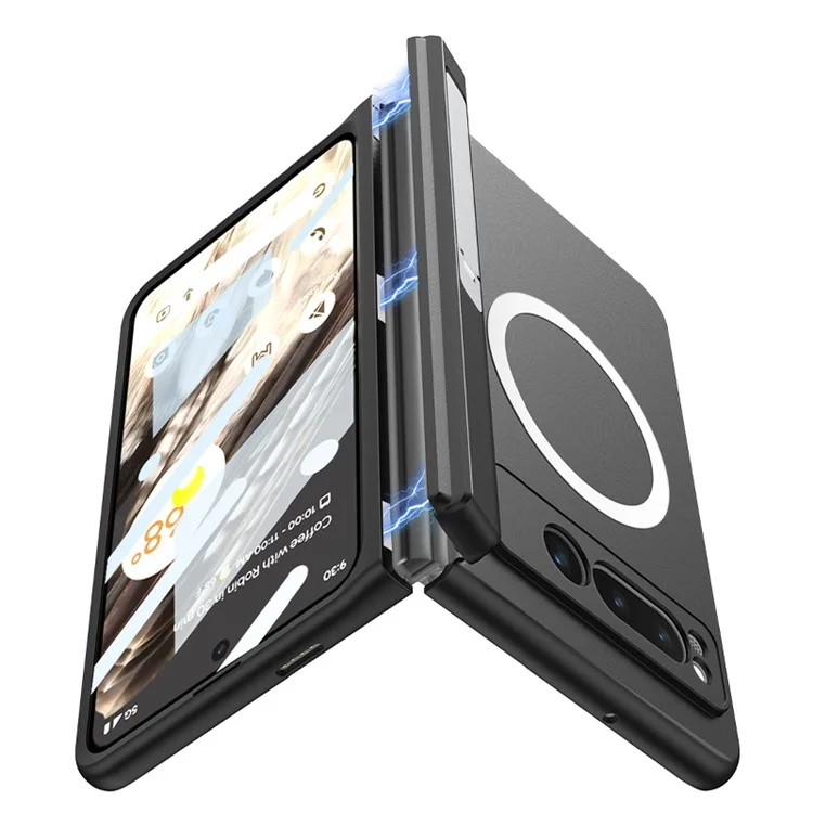 For Google Pixel Fold Magnetic Phone Case PC Kickstand Phone Cover with Tempered Glass Screen Film - Black