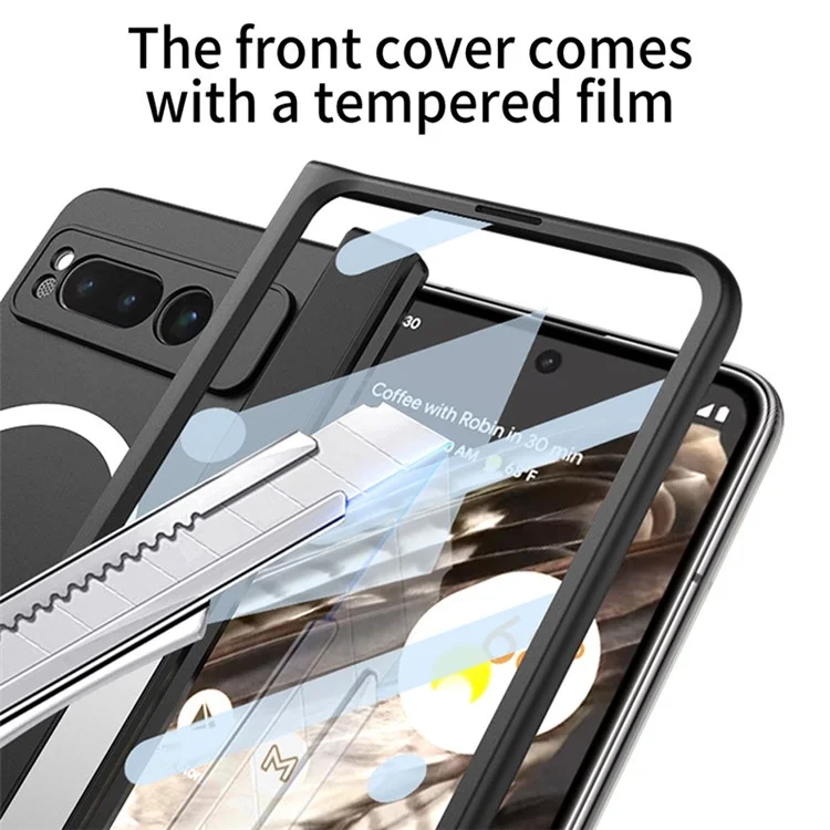 For Google Pixel Fold Magnetic Phone Case PC Kickstand Phone Cover with Tempered Glass Screen Film - Black