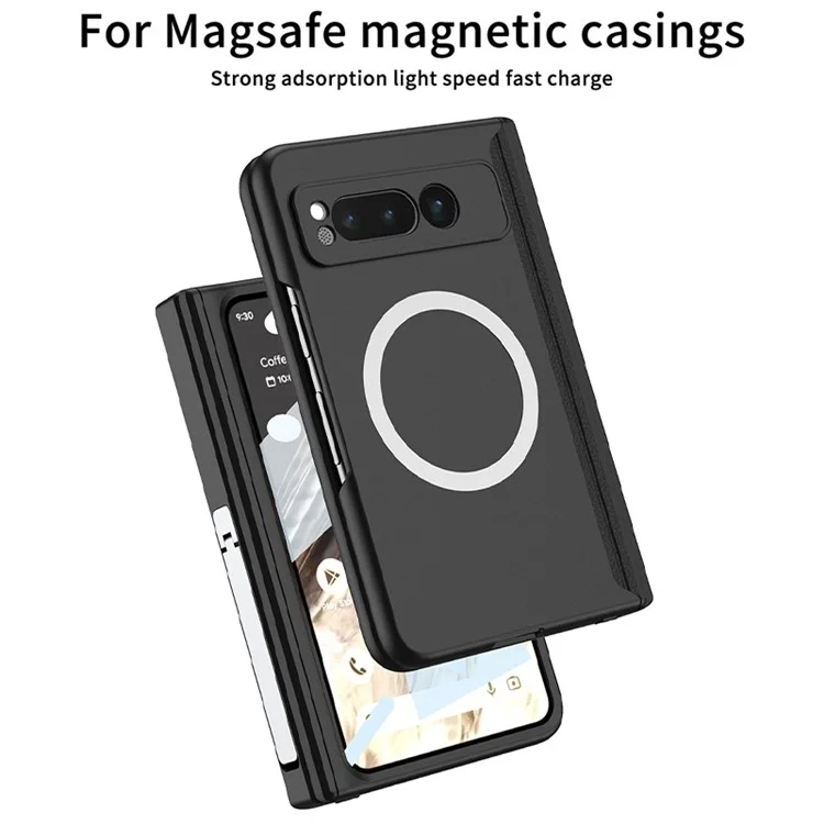 For Google Pixel Fold Magnetic Phone Case PC Kickstand Phone Cover with Tempered Glass Screen Film - Black
