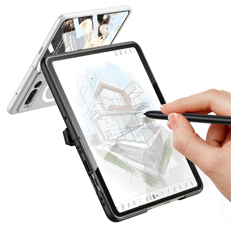 For Google Pixel Fold Magnetic Phone Case PC Kickstand Phone Cover with Tempered Glass Screen Film - Green