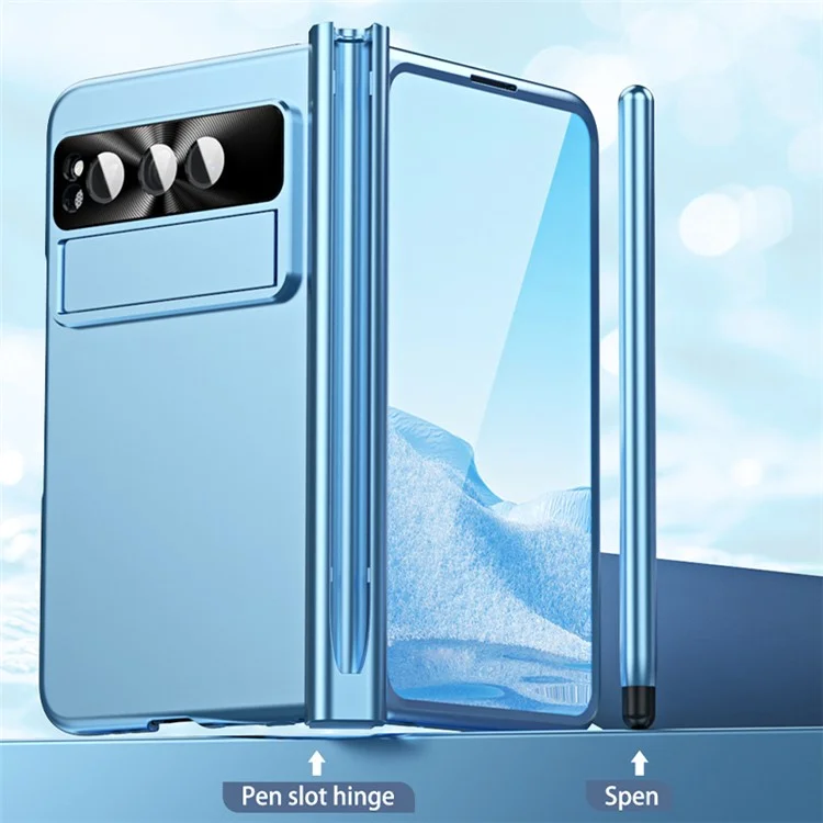 Для Google Pixel Fold Kickstand PC Phone Case Hinge Protection Cover с закалённой стеклянной плёнкой для экрана / Stylus - синий