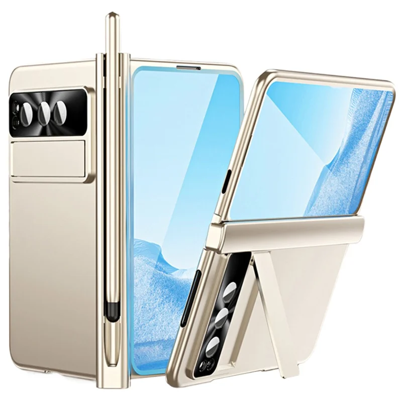 For Google Pixel Fold Kickstand PC Phone Case Hinge Protection Cover with Tempered Glass Screen Film / Stylus - Gold
