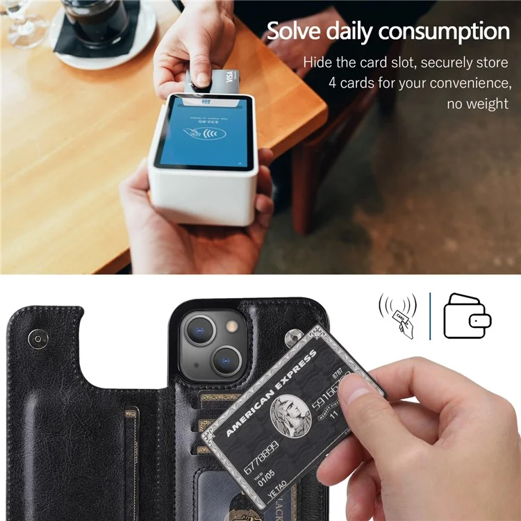 Para iPhone 14 Crazy Horse Texture PU Leather Coated TPU Phone Case Card Holder Kickstand Cover - Black