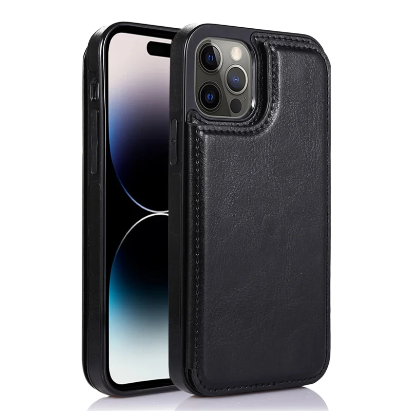 For iPhone 14 Pro Crazy Horse Texture Card Holder Kickstand Cover Leather Coated TPU Phone Case - Black
