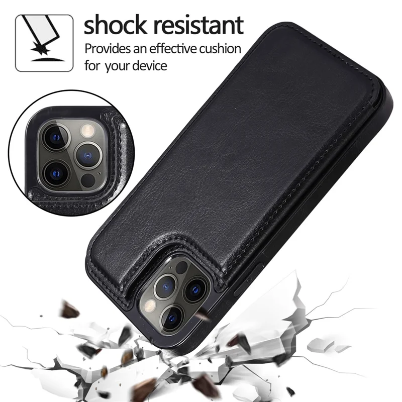 For iPhone 14 Pro Crazy Horse Texture Card Holder Kickstand Cover Leather Coated TPU Phone Case - Black