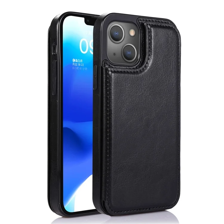 For iPhone 14 Plus PU Leather Coated TPU Phone Case Crazy Horse Texture Card Holder Kickstand Cover - Black