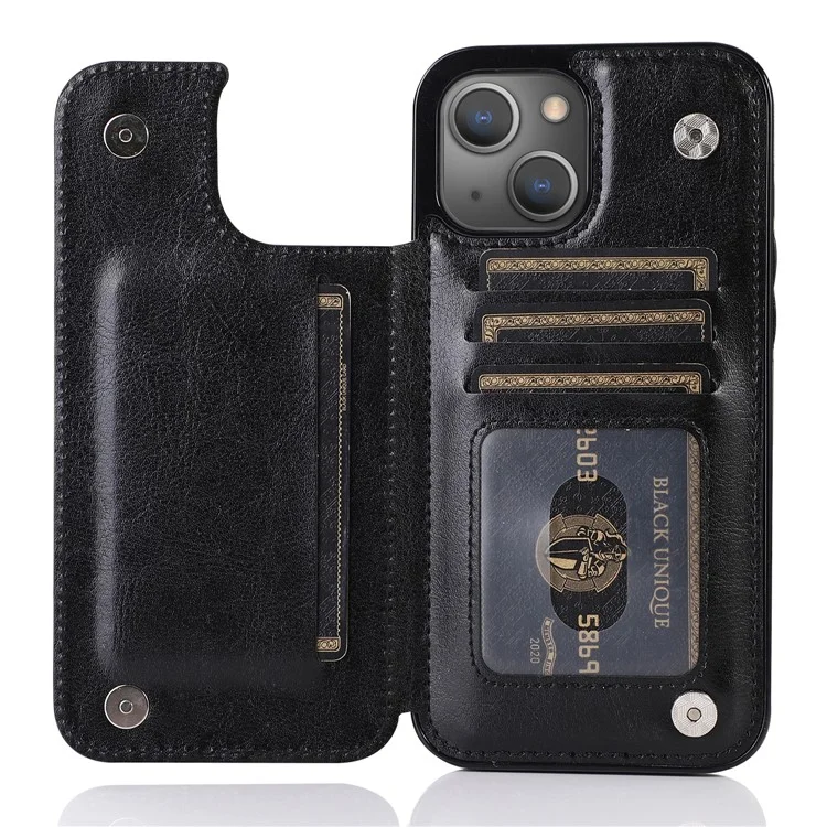 For iPhone 14 Plus PU Leather Coated TPU Phone Case Crazy Horse Texture Card Holder Kickstand Cover - Black