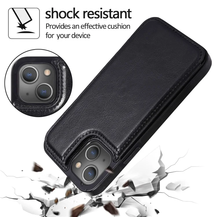 For iPhone 14 Plus PU Leather Coated TPU Phone Case Crazy Horse Texture Card Holder Kickstand Cover - Black