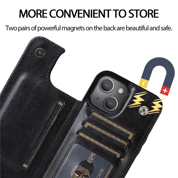 For iPhone 14 Plus PU Leather Coated TPU Phone Case Crazy Horse Texture Card Holder Kickstand Cover - Black