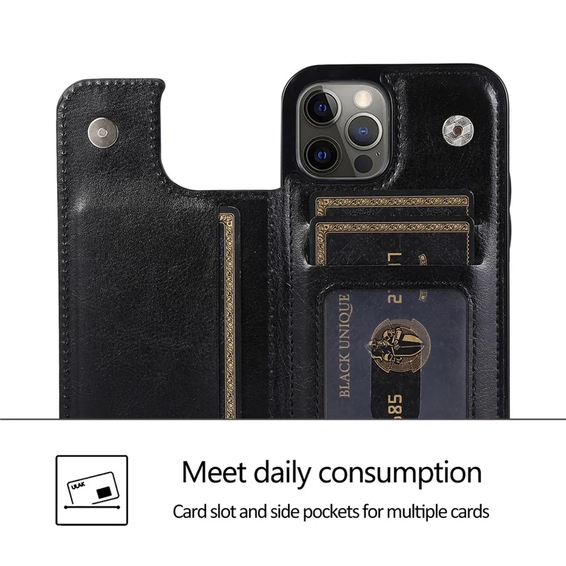 For iPhone 14 Pro Max Card Holder Kickstand Phone Cover Crazy Horse Texture Leather Coated TPU Mobile Case - Black