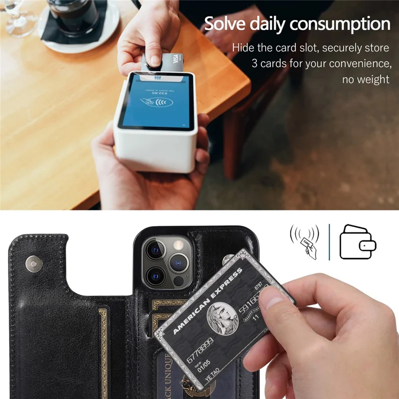 For iPhone 14 Pro Max Card Holder Kickstand Phone Cover Crazy Horse Texture Leather Coated TPU Mobile Case - Black