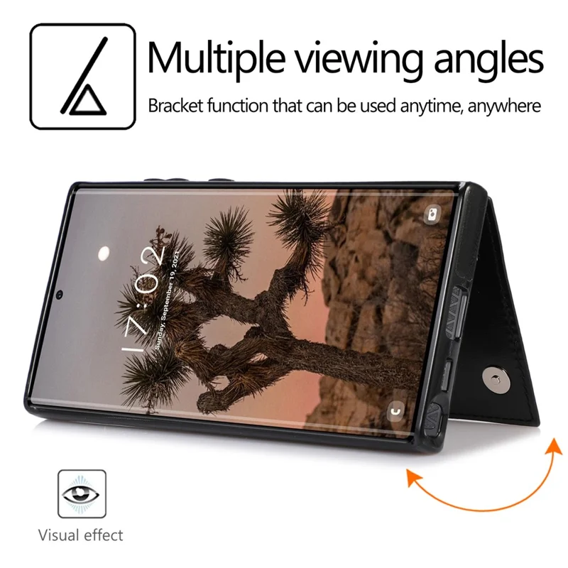 Кожаный чехол для Samsung Galaxy S23 Ultra с покрытием TPU, с двумя кнопками, подставкой и держателем для карт - черный