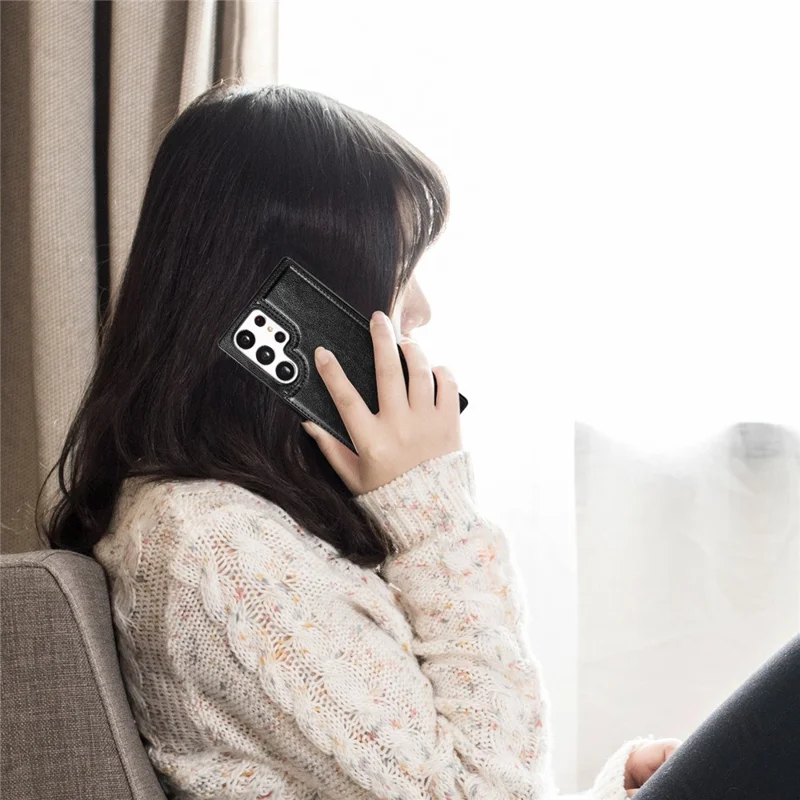 Кожаный чехол для Samsung Galaxy S23 Ultra с покрытием TPU, с двумя кнопками, подставкой и держателем для карт - черный
